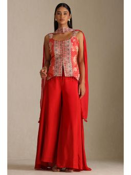 Soch - Womens Red Tissue Embroidered Kurta with Palazzo and Dupatta With Zari (Set of 3)