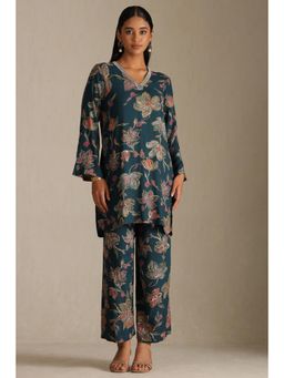 Soch - Womens Teal Rayon Floral Print kurta with Pant (Set of 2)