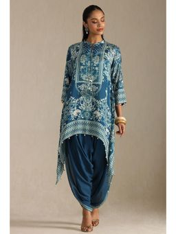 Soch - Womens Teal Blue Muslin Floral Print Dhoti With Kurta (Set of 2)