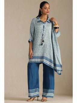 Soch - Womens Indigo Muslin Kaftan Suit With Pant Tassels (Set of 2)