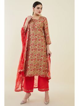 Soch - Womens Beige Chanderi Dress Material With Multicolour Printed Designs And Floral Dupatta (Set of 3)