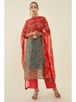Soch - Womens Olive Chanderi Dress Material With Multicolour Printed Designs And Floral Dupatta (Set of 3)