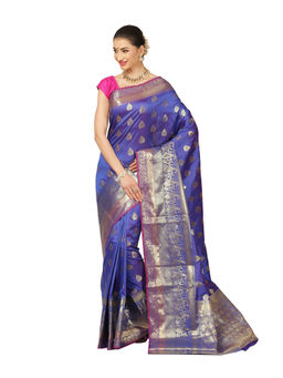 Banarasi Silk Works - Women Blue Cotton Saree with Unstitched Blouse