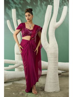 ONE KNOT ONE - Plum Pink Drape Skirt with Blouse and Detachable Dupatta