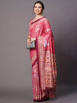 Odette - Pink Festive Dole Silk Printed Saree with Unstitched Blouse