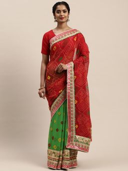 Vastranand - Red & Green Poly Georgette Printed Bandhani Saree with Unstitched Blouse
