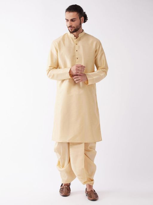 Vastramay Mens Gold Silk Blend Kurta with Dhoti (Set of 2)