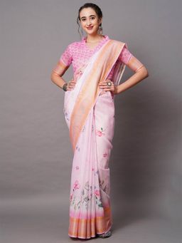 Odette - Pink Festive Linen Blend Printed Saree with Unstitched Blouse