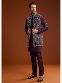 KALKI FASHION - Men Wine Embroidered Kurta with Jacket and Pant (Set of 3)