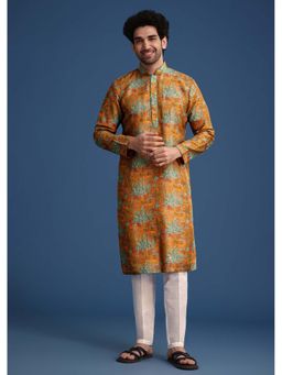 KALKI FASHION - Men Orange Printed Kurta with Pant (Set of 2)