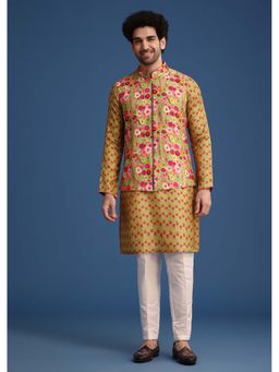 KALKI FASHION - Men Green Floral Kurta with Nehru Jacket and Pant (Set of 3)