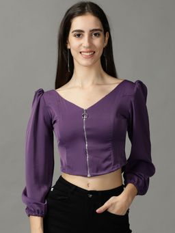 SHOWOFFFF - Womens Long Sleeves V-Neck Violet Solid Top