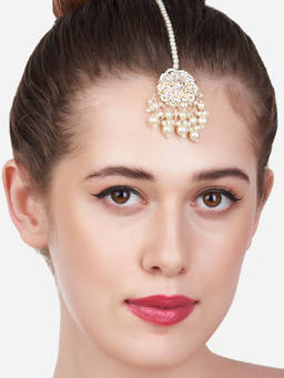 Zaveri Pearls - Gold Tone Kundan Flower Shape Cluster Pearl Drops Maangtikka-ZPFK13564