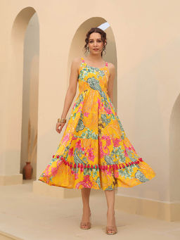 Rain & Rainbow - Women Yellow Printed Fit And Flared Ethnic Dresses