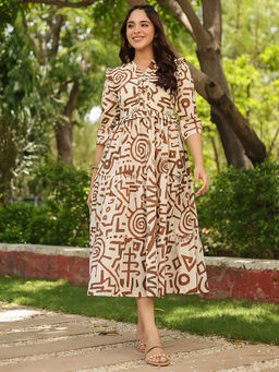 Rain & Rainbow - Women Printed Three Quarter Sleeves Fit And Flare Dress