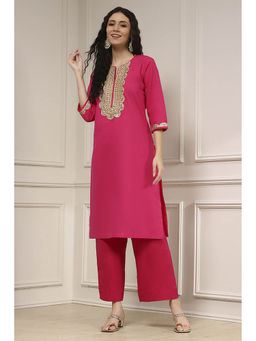 Biba - Women Fuchsia Cotton Straight Solid Kurta