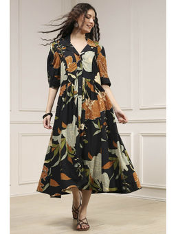 Biba - Women Black Viscose Rayon Straight Printed Dress