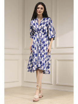 Biba - Women Blue Cotton Flared Yarn Dyed Dress