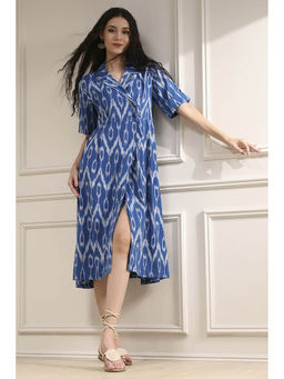 Biba - Women Blue Cotton Flared Yarn Dyed Dress