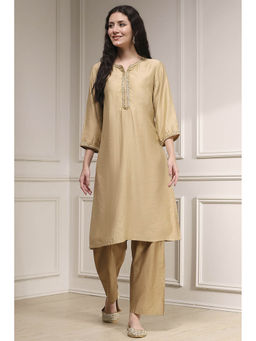 Biba - Women Beige Polyester Blend Straight Solid Kurta