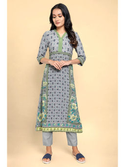 Aurelia - Women's Grey Floral Printed Crepe A-Line Kurta & Pant