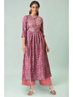 Aurelia - Women's Pink Foil Sequins Shantung A-Line Kurta & Palazzo