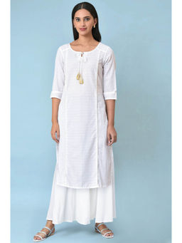 Aurelia - Women's White Printed Cotton Lurex Straight Kurta & Palazzo