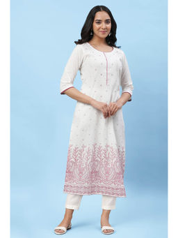 Aurelia - Women's White Floral Printed Swiss Dot Kurta & Trouser