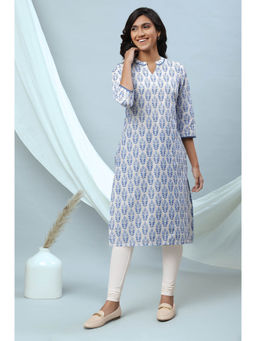 Aurelia - Women's White Floral Printed Lace Pure Cotton Straight Kurta & Leggings