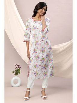 Aurelia - Women's White Floral Printed Lace Straight Kurta & Trouser