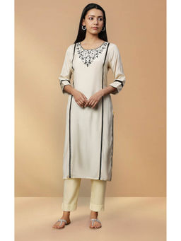 Aurelia - Women's Beige Embroidered Thread Work Rayon Straight Kurta & Pant