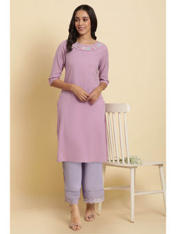 W - Purple Embroidered Thread Work Seer Sucker Kurta & Pant