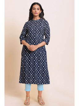 W - Navy Blue Printed Rayon Straight Kurta & Pant