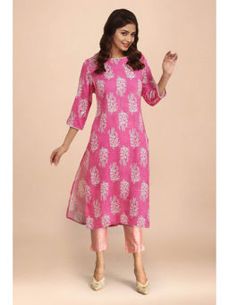 W - Pink Floral Printed Rayon Straight Kurta & Pant