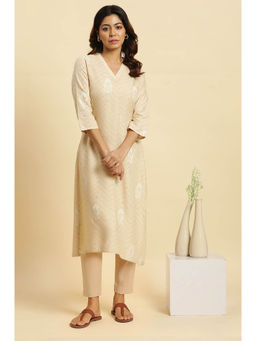 W - Beige Printed Rayon A-Line Kurta & Pant