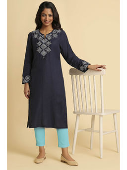 W - Navy Blue Thread Work Rayon Flax Straight Kurta & Pant