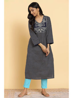 W - Navy Blue Printed Dori Embroidered Cotton Flax Kurta & Pant