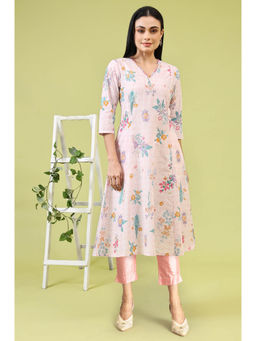 W - Pink Floral Printed Embroidered Pure Cotton A-Line Kurta & Pant