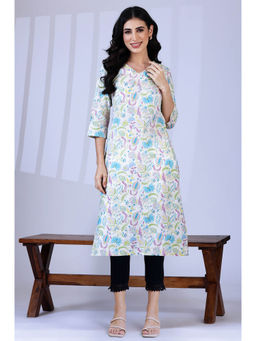 W - Beige Floral Printed Pure Cotton Straight Kurta& Pant