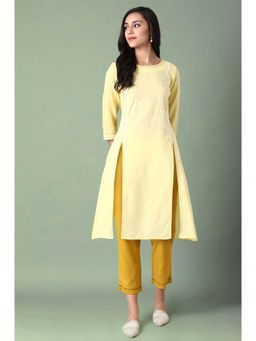 W - Light Yellow Solid Thread Embroidered Pure Cotton A-Line Kurta & Pant