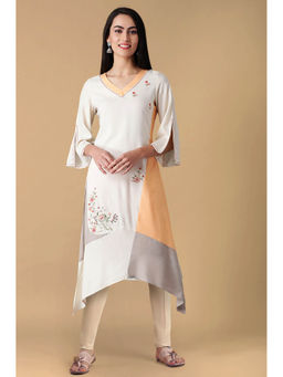 W - Beige Thread Embroidered Rayon Asymmetric Kurta & Pant