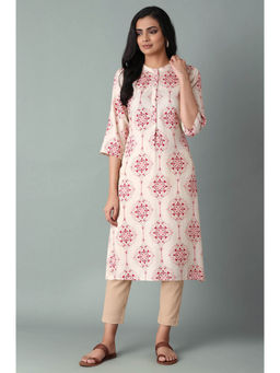 W - Beige Printed Rayon Straight Kurta & Pant