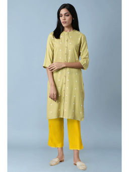 W - Light Green Polka Dots Rayon Straight Kurta & Pant