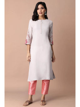 W - Light Pink Printed Rayon Straight Kurta & Pant
