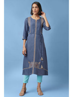 W - Dark Blue Embroidered Rayon A-Line Kurta & Pant with Belt
