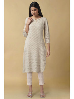 W - Beige Striped Rayon Straight Kurta & Pant