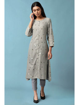 W - Grey Polka Dots Rayon Flax A-Line Kurta & Pant