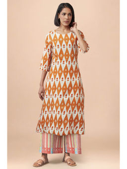 W - Orange Floral Printed Rayon A-Line Kurta & Pant