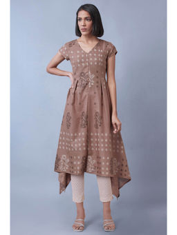 W - Beige Floral Printed Pure Cotton Flared Kurta & Pant