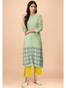 W - Light Green Floral Printed Lace Rayon Straight Kurta & Pant